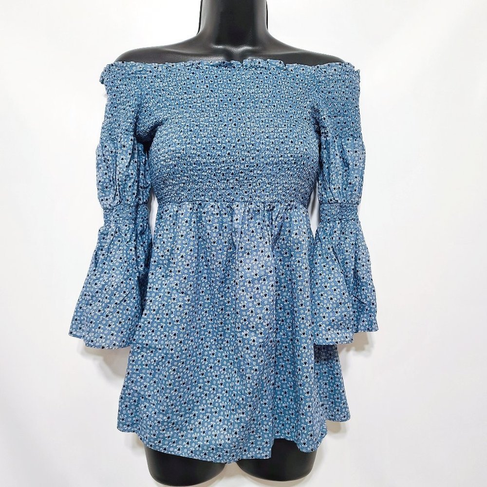 LC Lauren Conrad Maternity Blue Floral Print Smocked Off The Shoulder [XS]